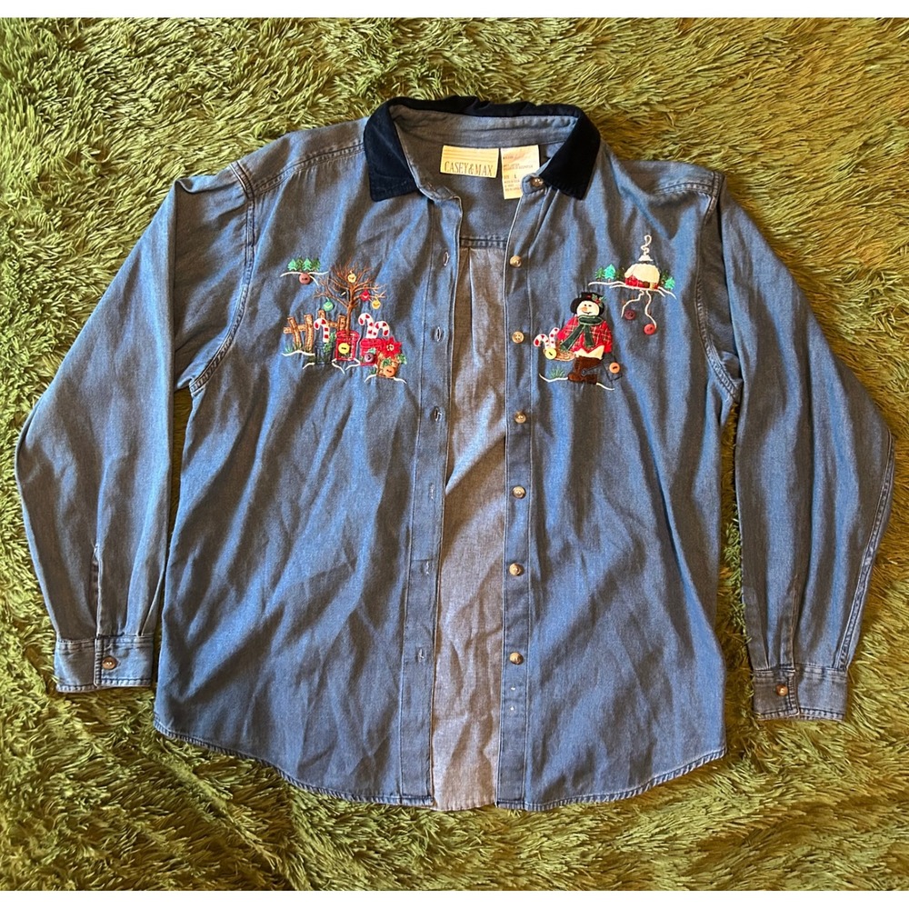 Casey & Max Womens Large Christmas Denim Shirt Snowman CandyCane Corduroy Collar